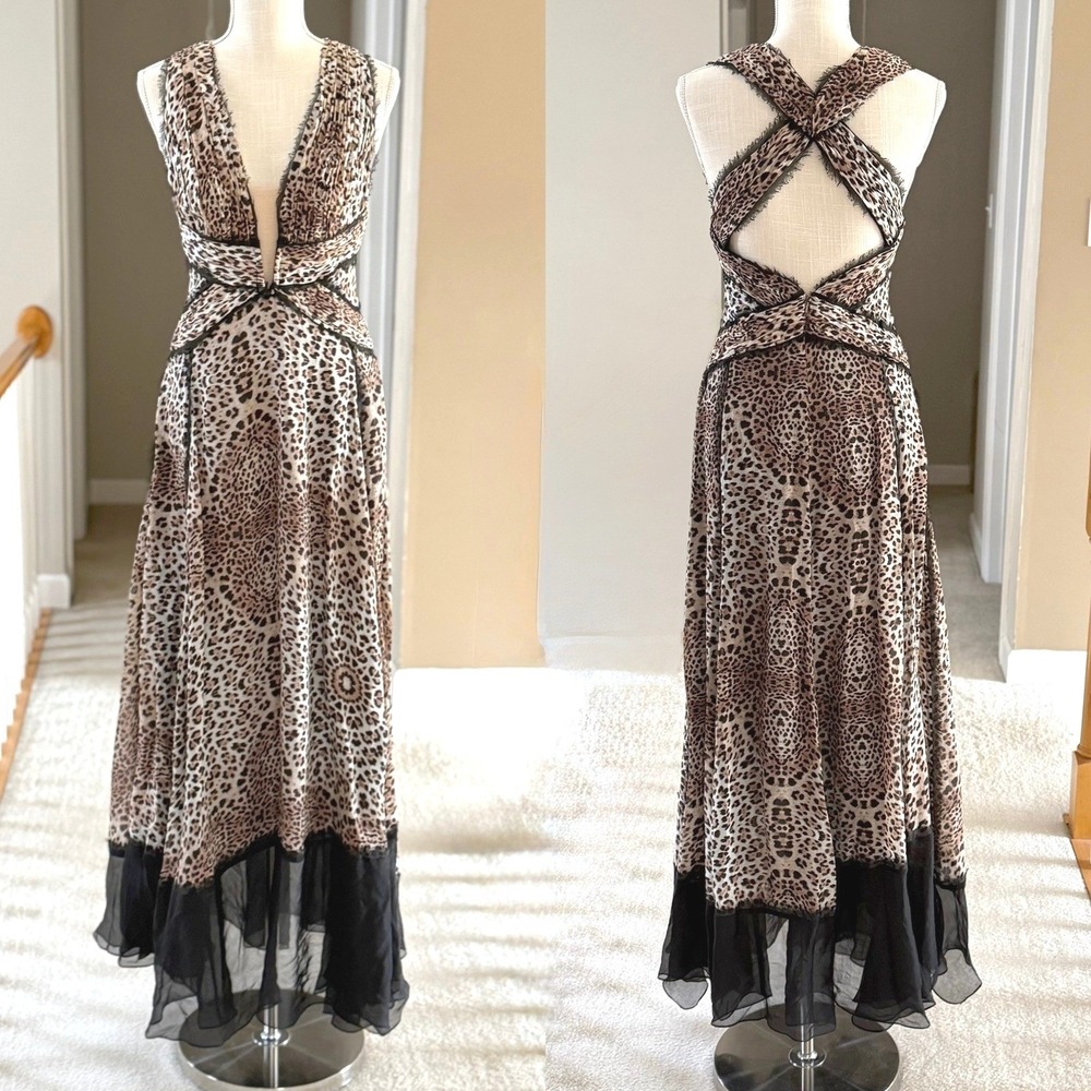 Mandalay Grey Leopard Print Silk V-Neck Maxi Evening Gown Dress 6